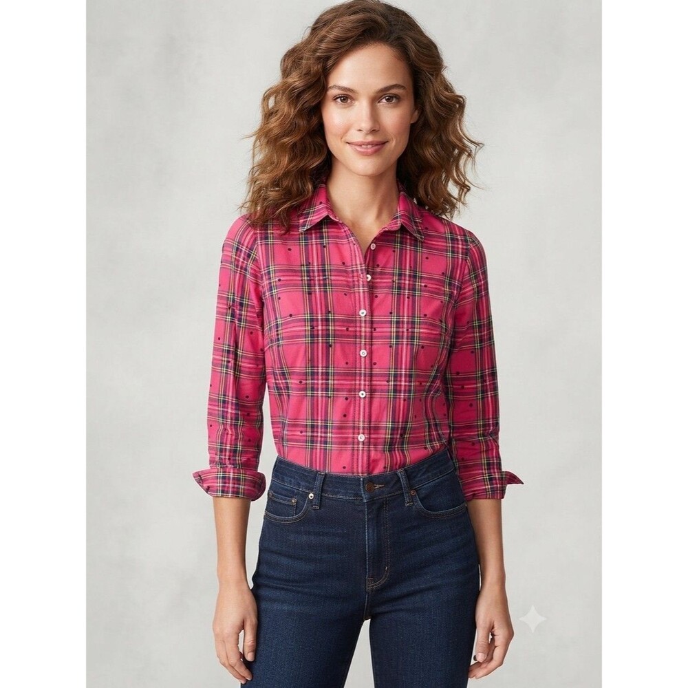 Talbots Women's Cotton Button Front Shirt Red Plaid